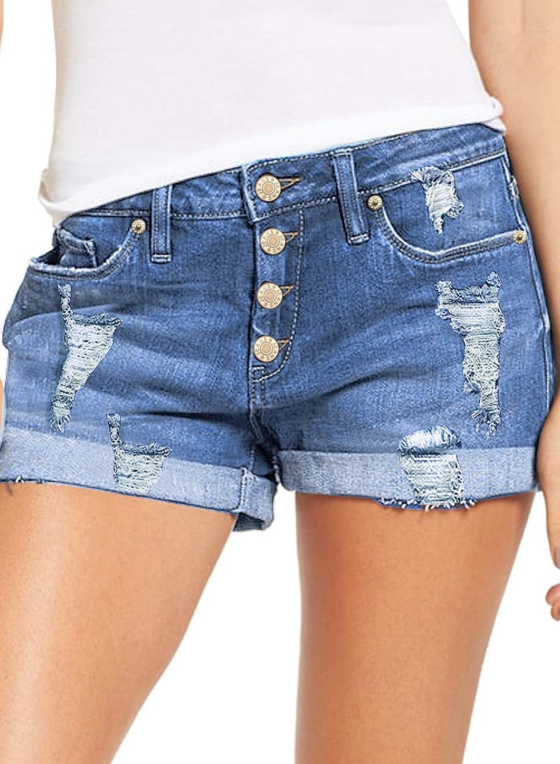 luvamia Women's Ripped Denim Jean Shorts High Waisted Stretchy Folded Hem Short Jeans B Lagoon Blue Size Large Fits US 12-14 - Image 1